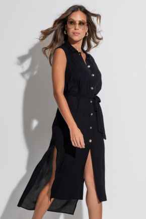 Sleeveless Crinkle Maxi Beach Shirt - Black