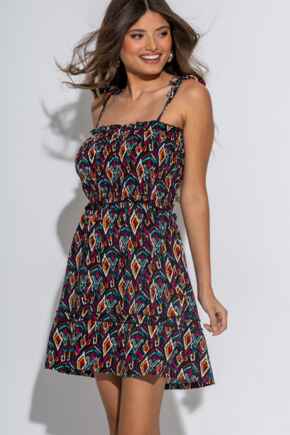 Strapless Shirred Bodice Frill Beach Dress - Multi