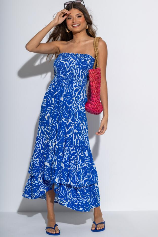  Strapless Asymmetric Tiered Woven Maxi Dress